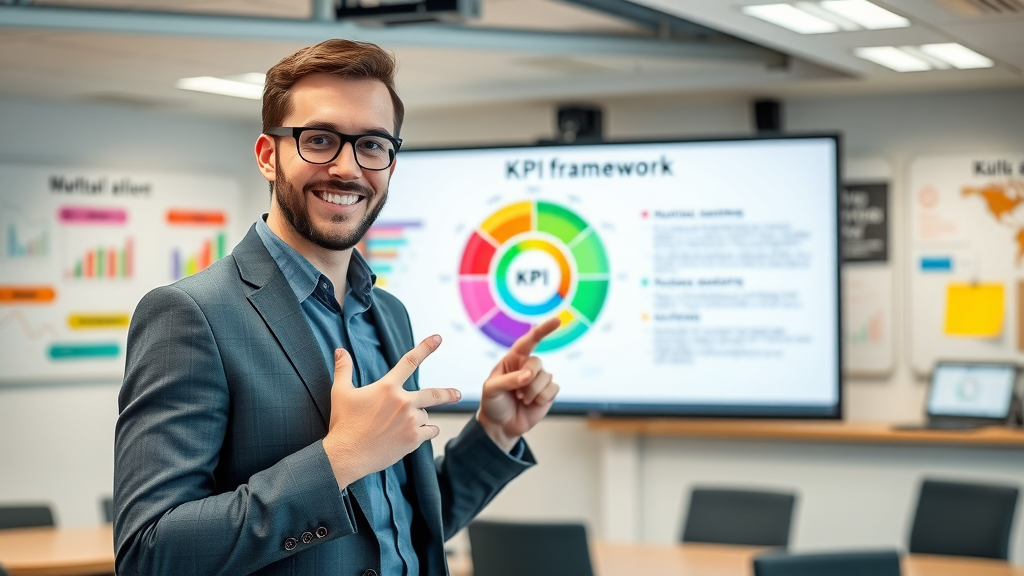 business analyst presenting KPI framework for content marketing metrics on digital screen