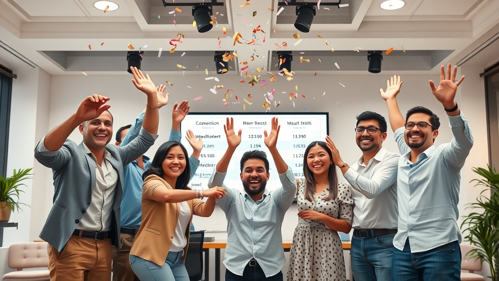 marketers celebrating successful content marketing campaign performance metrics in open office