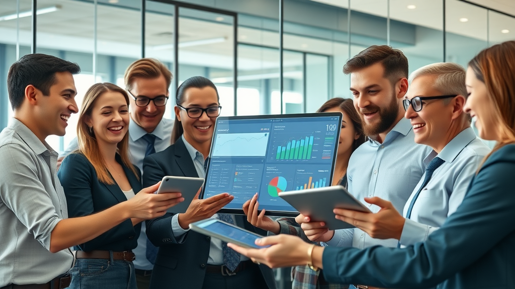 digital marketing professionals collaborating with digital dashboards and devices in a modern office