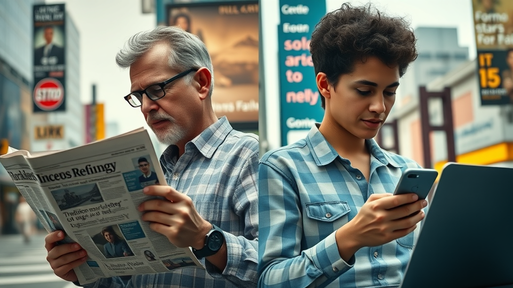 Comparison of traditional marketing with newspapers and billboards versus digital ads on devices