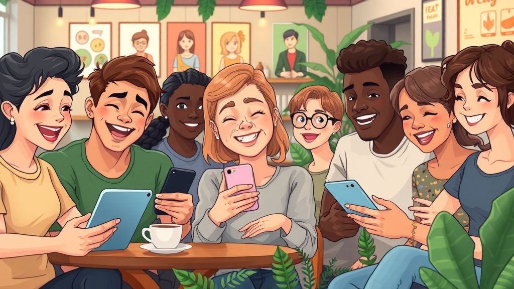 social media marketing with people engaging on smartphones and laptops in coffee shop