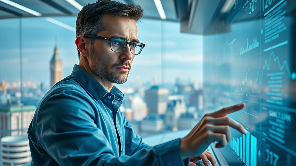 Analytical marketer studying audience data on digital screens for precise digital marketing