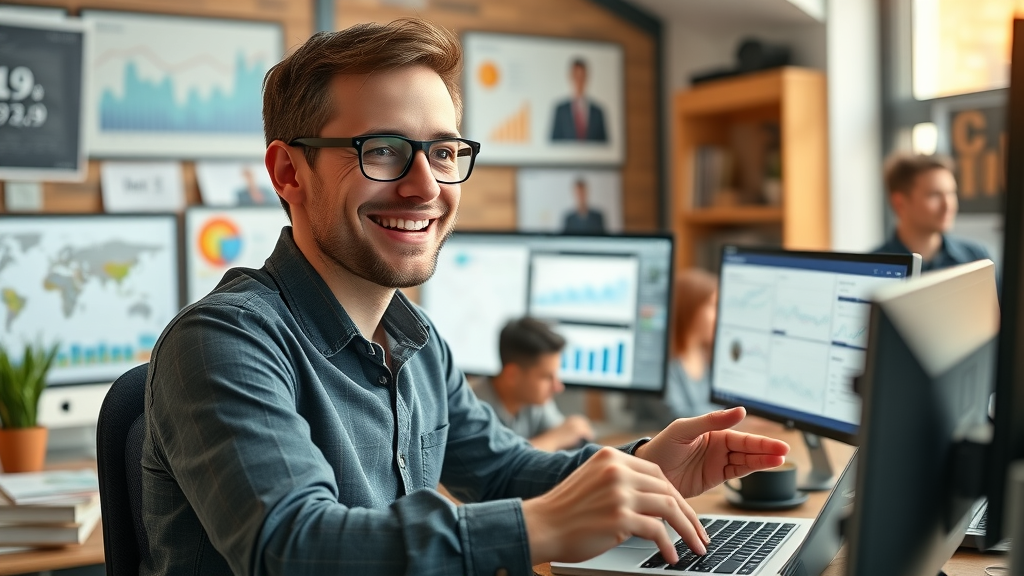 Digital marketer multitasking with data dashboards and devices in modern workplace