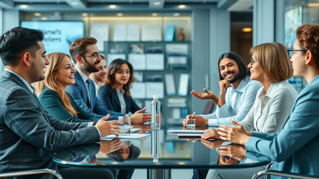 corporate branding business conference scene with professionals collaborating around a glass table, branded visuals, modern office