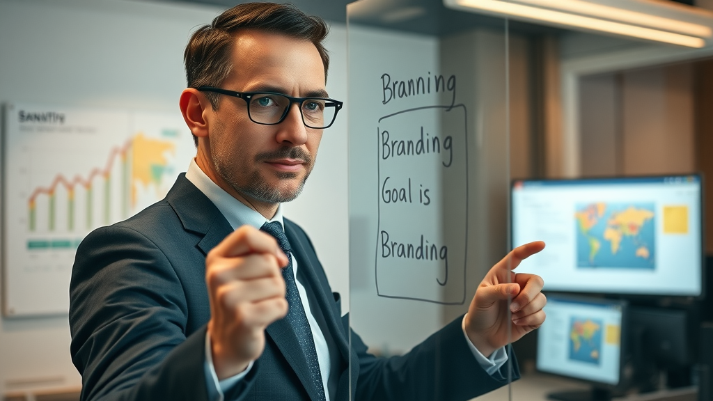 motivated marketing strategist mapping corporate branding goals focused transparent board urban office environment