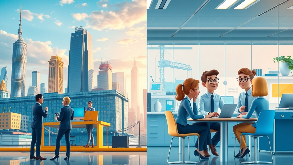 dynamic split-screen corporate HQ team and product brand team strategic comparison cityscape and product lab environments