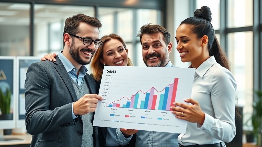 business team using review generation tools to analyze sales growth