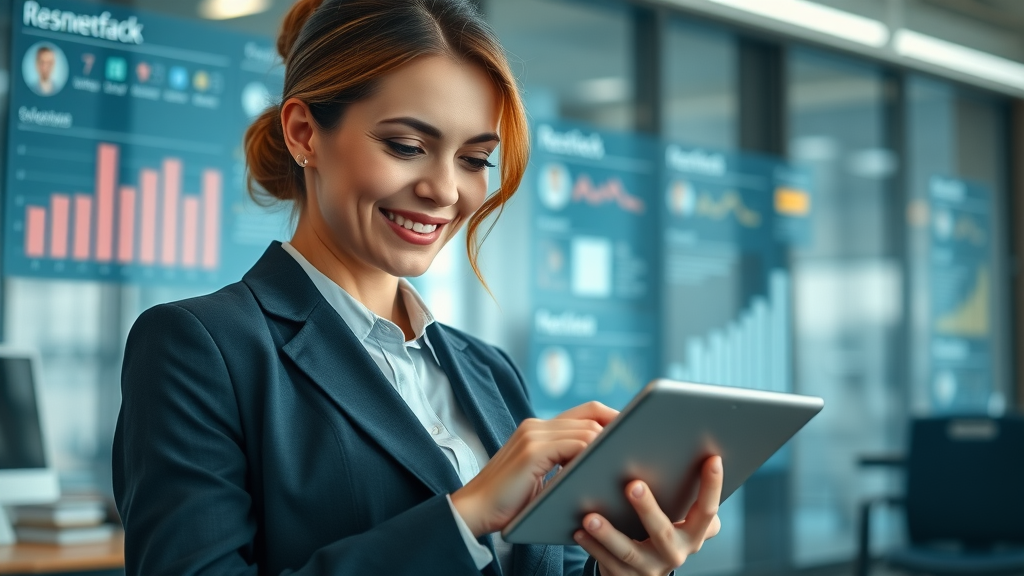 businesswoman using review generation software to analyze customer feedback charts