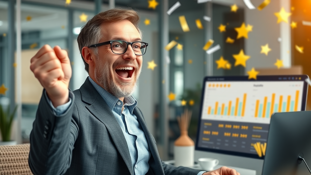 business leader celebrating review generation and online reputation success