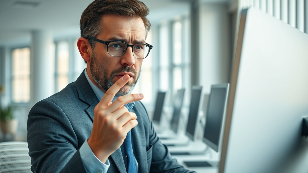 Concerned business owner reviewing online negative feedback for reputation repair in a modern office