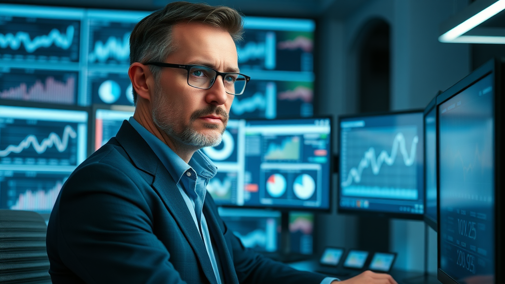 Professional reputation manager analyzing online reputation and reputation repair metrics in a tech office