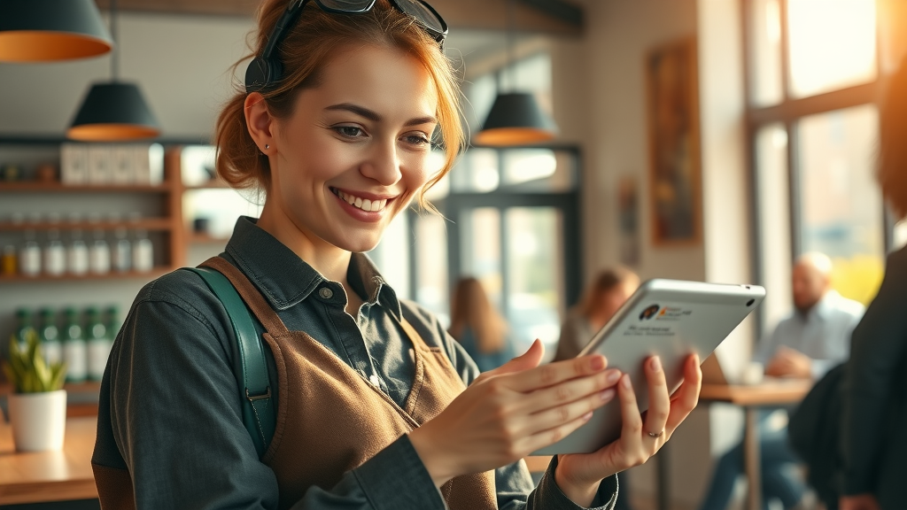 Customer service manager responding to online reviews for reputation management in a small business café