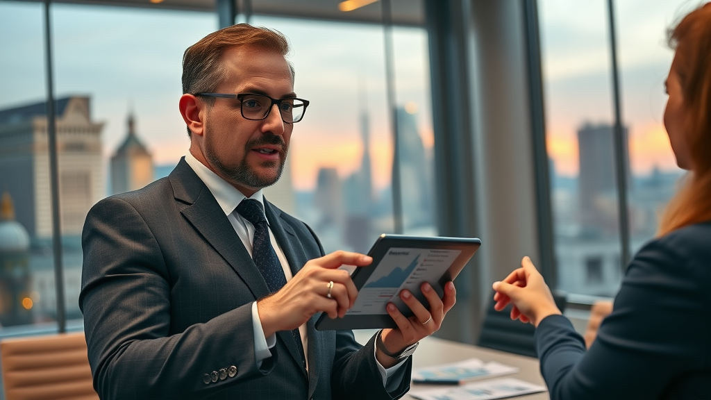 Consultant explaining reputation repair service pricing and ROI in a modern conference room