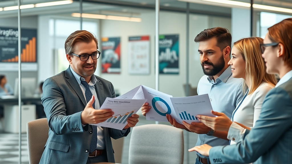 Brand equity discussion among confident marketing executives in a modern business meeting, high fidelity photorealistic, vibrant office with branding posters.