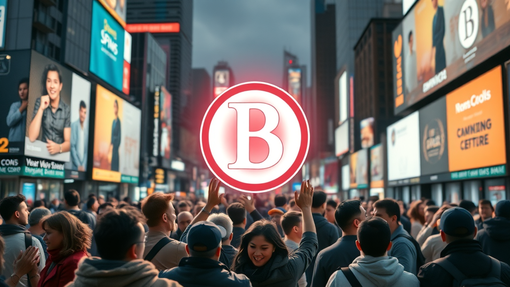 Iconic brand logo glowing with aura, surrounded by satisfied customers, photorealistic vibrant cityscape with digital billboards and happy crowd.