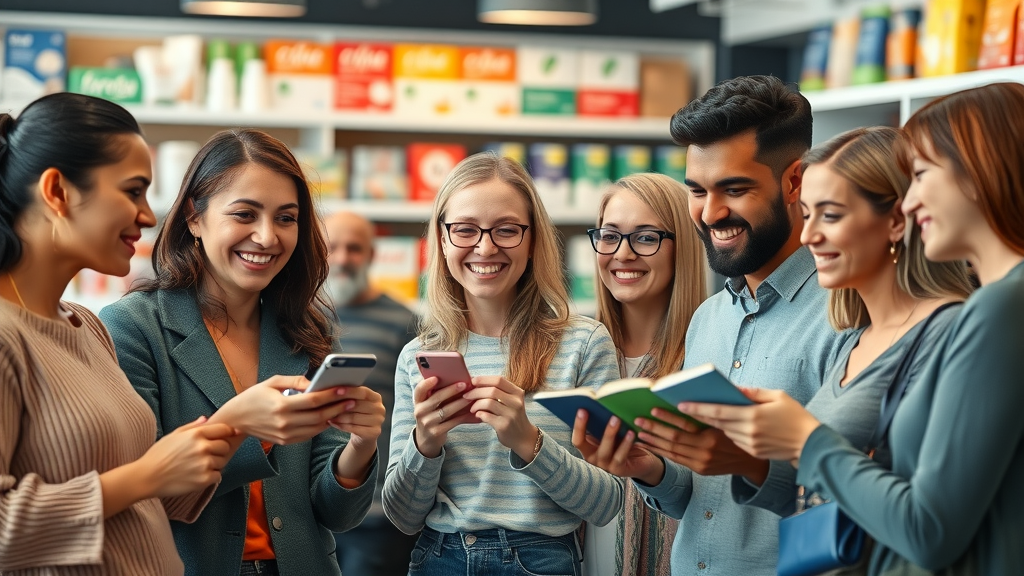 Diverse group of consumers emotionally connecting with branded products, lively store, photorealistic retail scene, colorful and warm atmosphere.