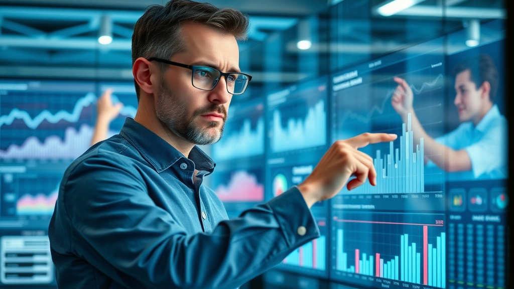 Market analyst examining brand equity charts and metrics on a digital dashboard, high-tech office, real-time data visuals, thoughtful expression.