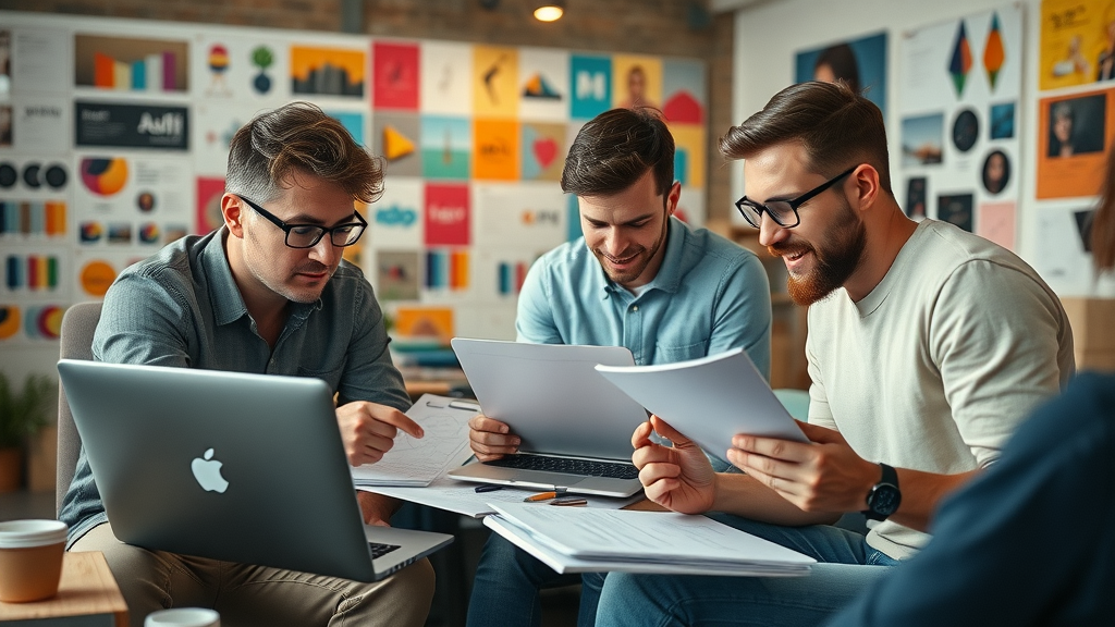 Creative team brainstorming strong brand identity, sketching and collaborating in colorful branding studio, energetic and detailed scene.