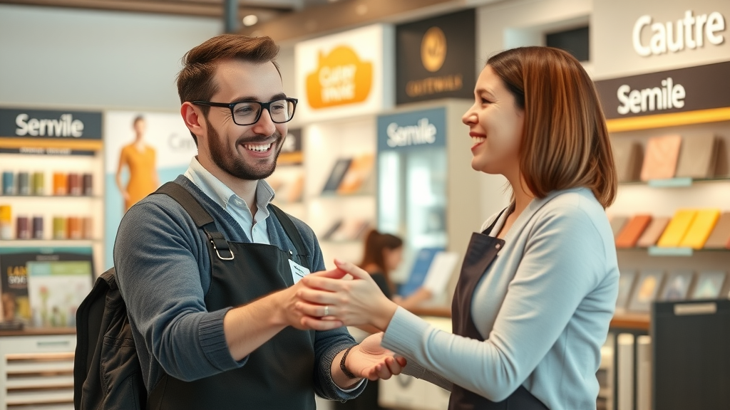 Happy customer service staff assisting a satisfied client, warm and lifelike retail environment with branded displays, positive atmosphere.