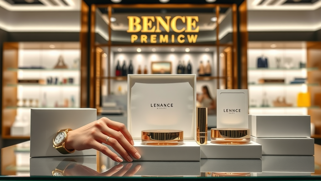 Luxury brand showcase with sleek product display and premium packaging, elegant boutique, gold accents, macro photography.