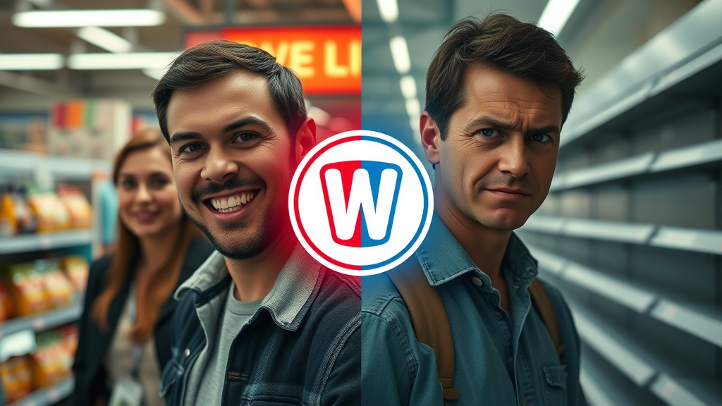 Split-image: bright, happy faces and logo for positive equity; faded logo with frowning customers for negative brand equity, dramatic lighting.
