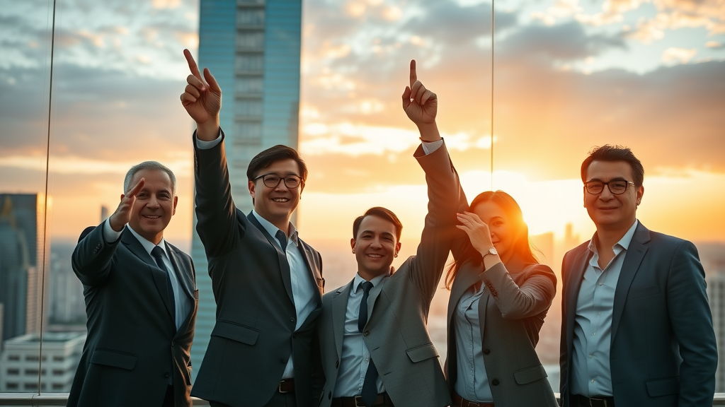 Success-driven business team holding upward-pointing graph, optimistic modern office, city skyline background, bright sunrise lighting.