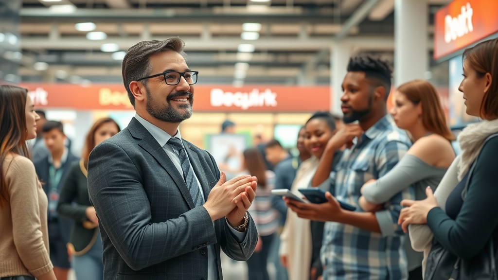 Empowered business owner observing lines of returning customers in a bustling retail store, highlighting the benefits of brand loyalty.