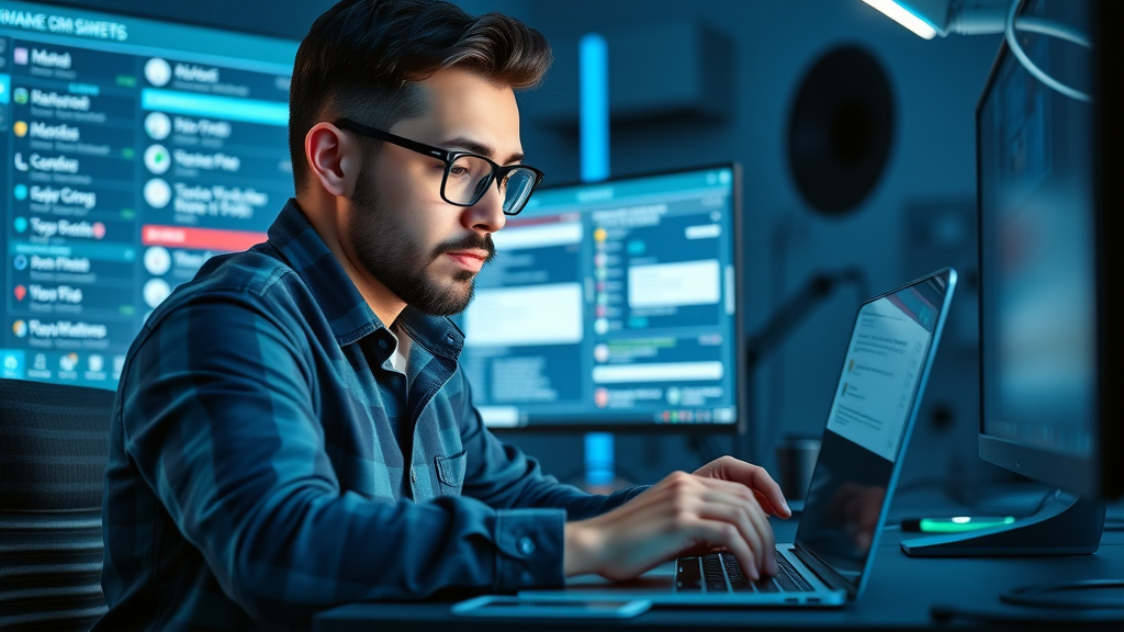 Digital marketer crafting personalized brand loyalty offers on a modern, tech-forward workspace.