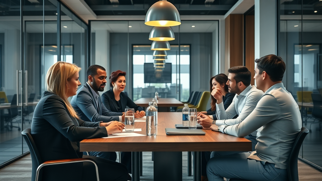 Diverse corporate team engaged in effective communication strategies for building brand loyalty in a modern office.