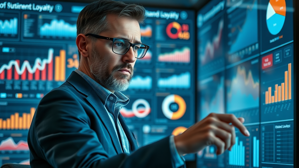 Focused digital analyst reviewing loyalty dashboards and KPIs to measure brand loyalty effectiveness in a tech-driven office.