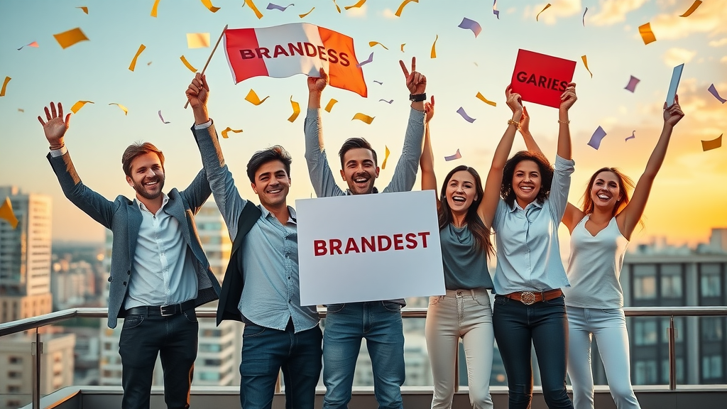 Triumphant team celebrating business growth metrics with branded flags, symbolizing the business impact of brand loyalty.