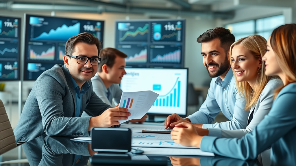 dynamic business team analyzing charts, confident expressions, collaborating at a conference table, modern office background with digital screens displaying growth statistics, paid search marketing data visualized, vibrant, natural lighting.