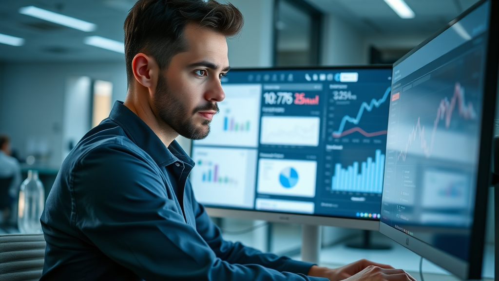 sleek digital marketing dashboard displayed on a computer, paid search marketing analytics in focus, marketer contemplating data in tech workspace