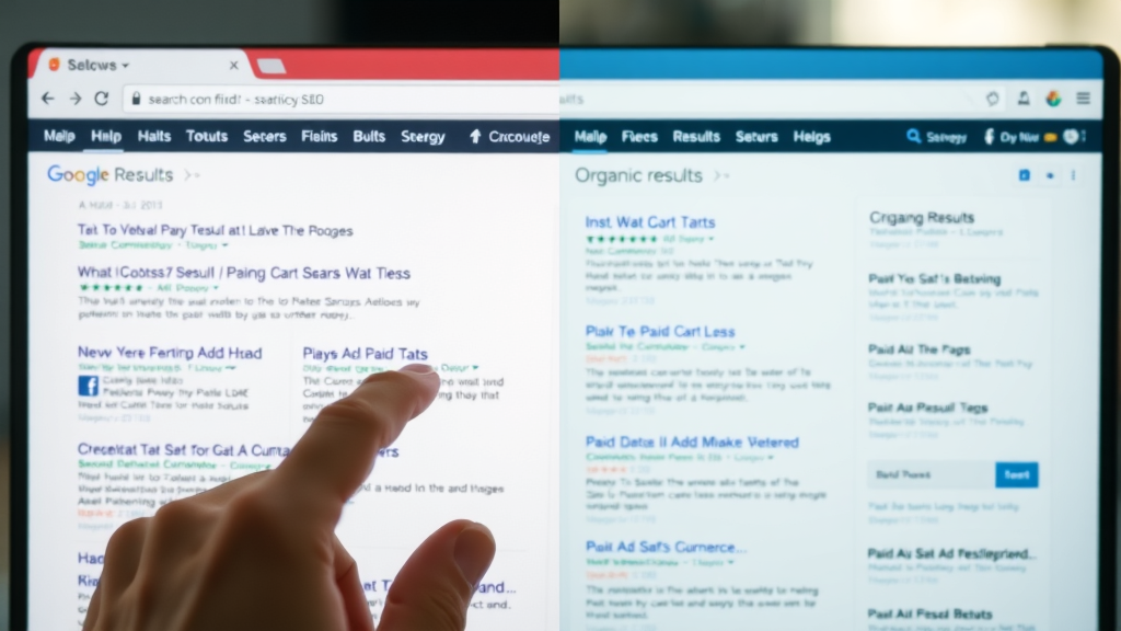 contrasted search results page split, one side highlighted with paid ads, the other with organic results, clear difference, digital browser interface with modern search engine layout, paid search ad visibility compared to organic search, highly detailed, neutral colors