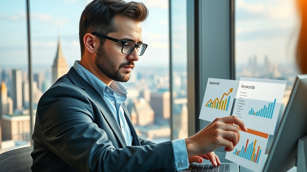 professional marketer using keyword research tools for paid search marketing, selecting keywords, digital marketing team in modern tech office