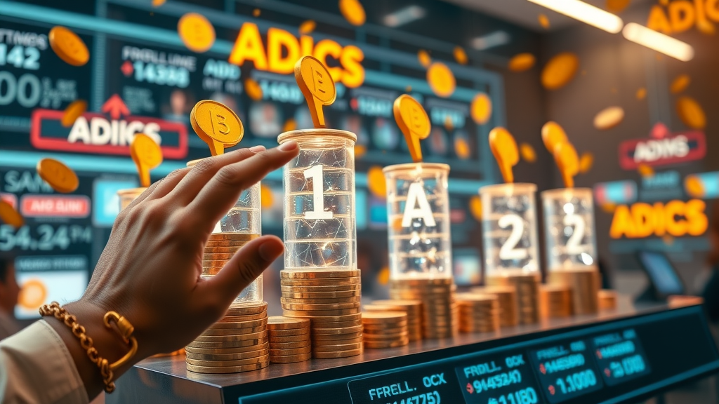 interactive auction graphic representing ad rankings with coins and digital bids for paid search marketing, competitive digital marketplace