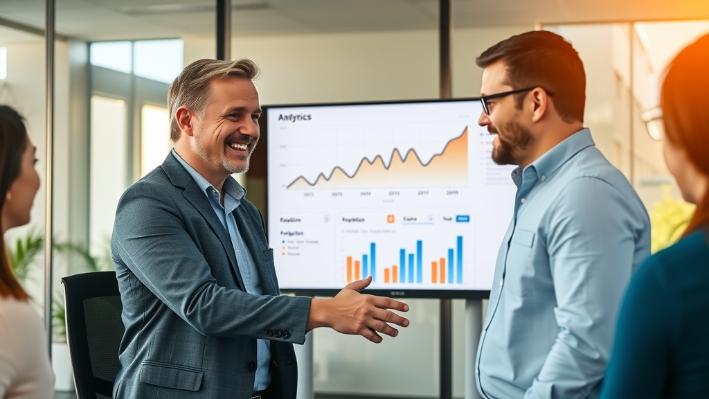 client and marketing consultant reviewing impressive analytics report for paid search marketing, positive campaign growth, boardroom collaboration