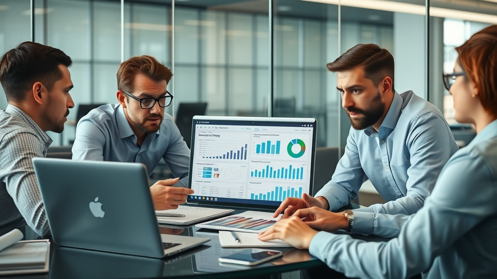 Marketers analyzing display advertising campaign performance, discussing weak results and strategies for improvement in a modern office