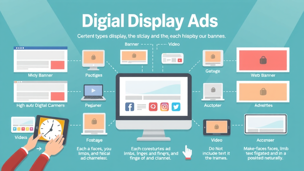 Infographic illustrating different types of display advertising formats including banner ads and video ads on web and social platforms