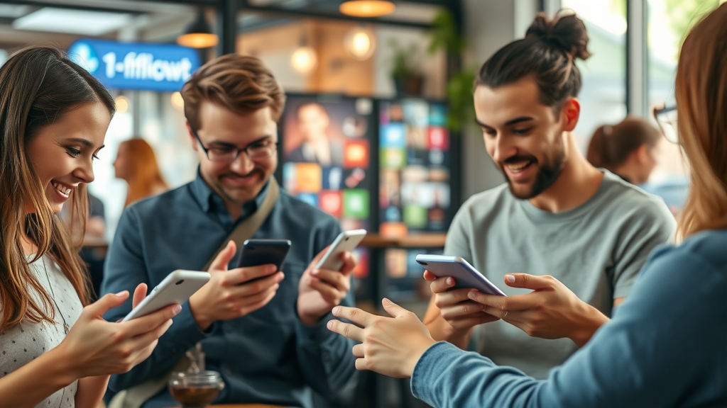 People on social media platforms interacting with visually striking display ads on mobile devices for high engagement