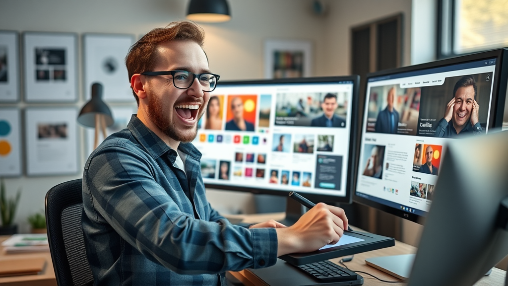 Graphic designer developing creative display ad formats using bold graphics and digital tools for better ad results