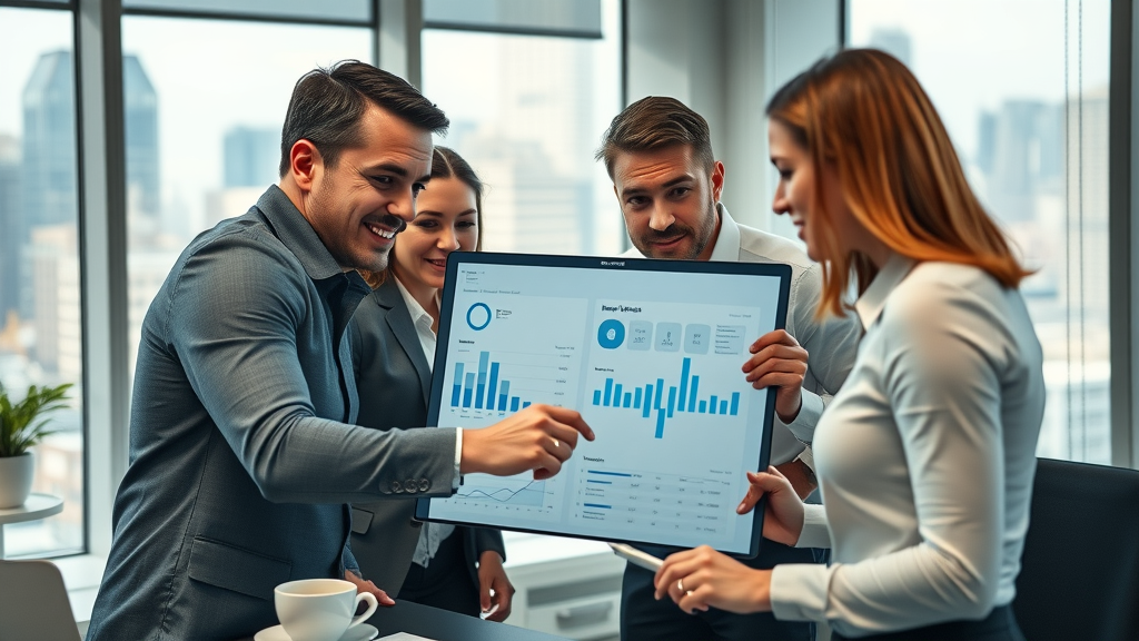 Corporate team analyzing engagement metrics graphs on a digital dashboard in a modern office setting with a cityscape in the background.
