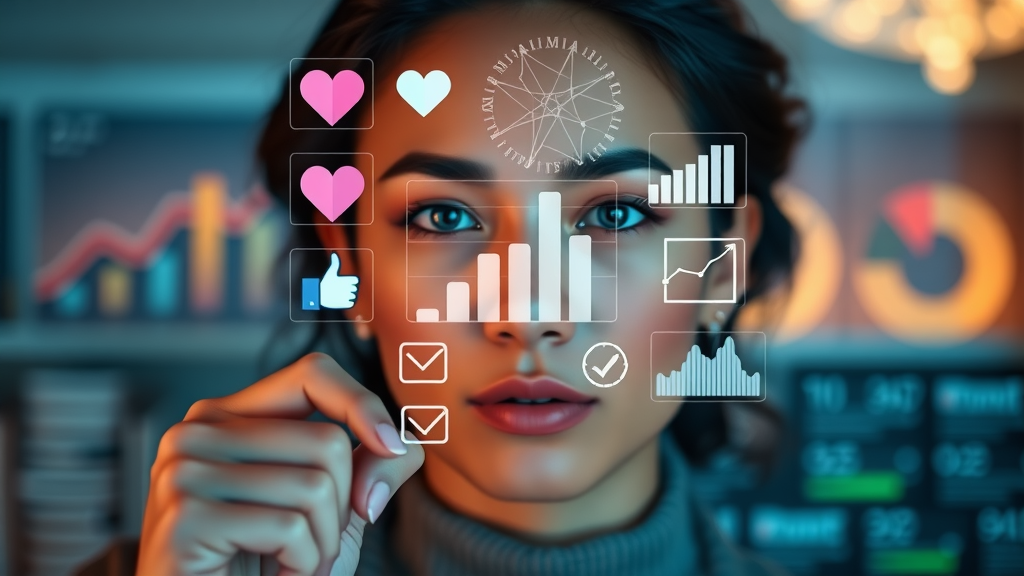 Infographic displaying social media engagement metric icons such as hearts, thumbs up, and graphs in a modern digital workspace setting.