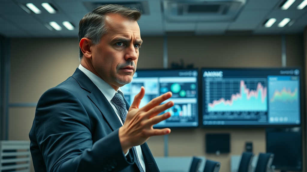 A concerned business executive reviewing troubling analytics on a large digital display in a corporate boardroom.