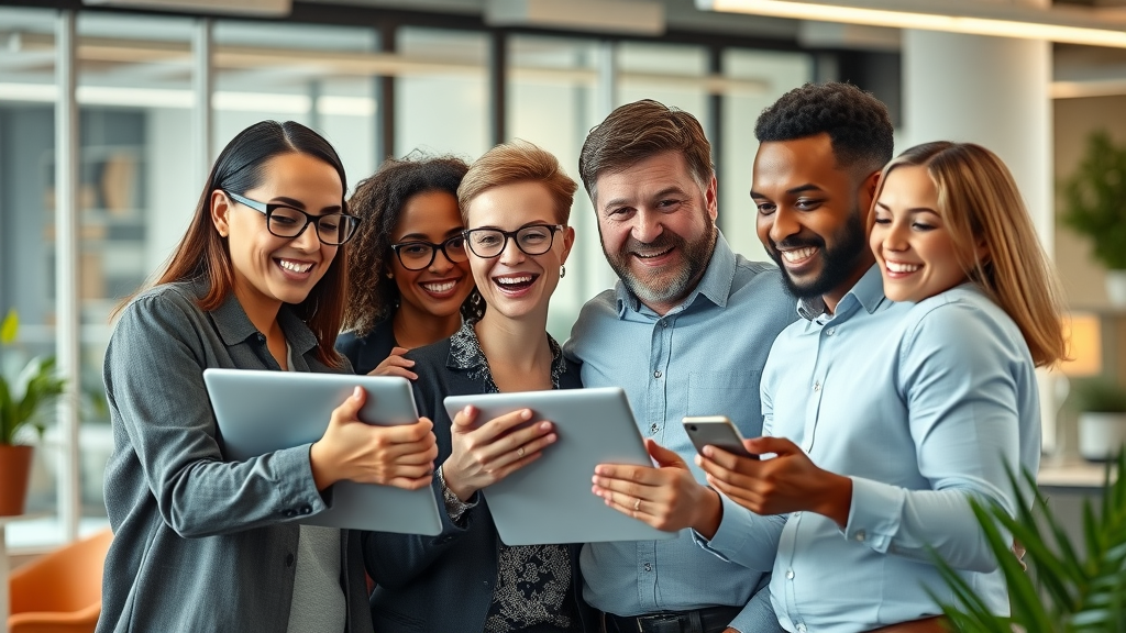 Diverse, happy employees collaborating on a project in a vibrant, glass-wall office using digital screens.