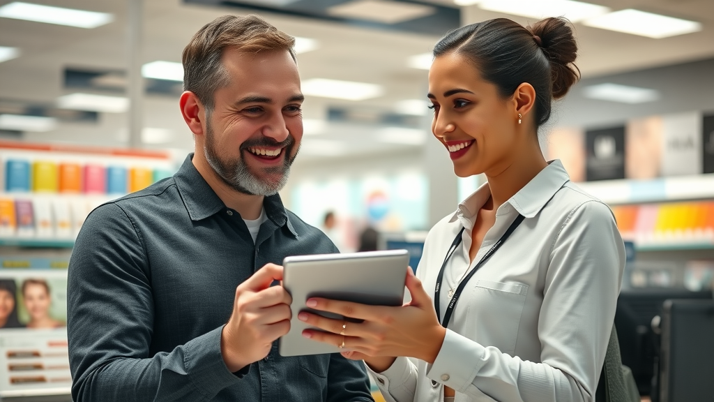 A delighted customer and a caring agent discussing feedback on a tablet in a retail store helpdesk environment.