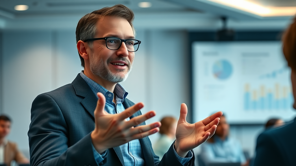 Confident analyst presenting a summary of key engagement metric takeaways to an audience in a conference room.