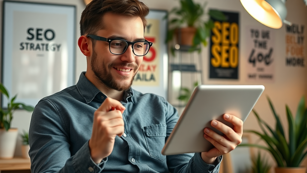 Motivated entrepreneur reading an SEO strategy guide on a digital tablet in a creative home workspace with inspirational posters.