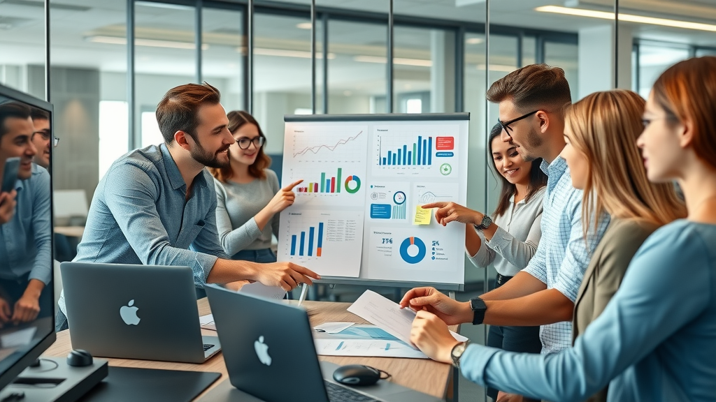 content marketing for social media team strategizing with digital tools, analyzing data in a high-tech office