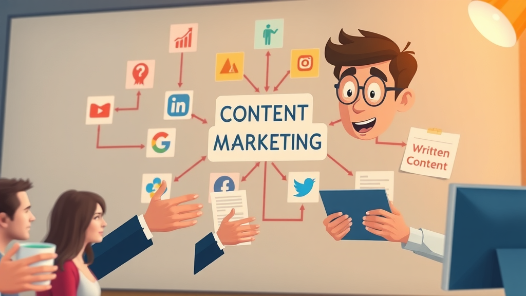content marketing for social media visualized as an integrated flowchart connecting social icons, analytics, and written content